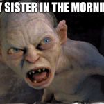 Gollum lord of the rings | MY SISTER IN THE MORNING | image tagged in gollum lord of the rings | made w/ Imgflip meme maker