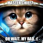 HALO Cat | MASTER CHIEF?... OH WAIT. MY BAD. :( | image tagged in halo cat | made w/ Imgflip meme maker