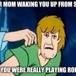 Scooby Doo Shaggy  | YOUR MOM WAKING YOU UP FROM SLEEP; BUT YOU WERE REALLY PLAYING ROBLOX | image tagged in scooby doo shaggy | made w/ Imgflip meme maker