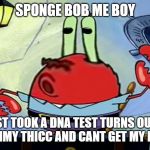 Spongeboi me bob | SPONGE BOB ME BOY; I JUST TOOK A DNA TEST TURNS OUT IM 100% DUMMY THICC AND CANT GET MY FORMULAR | image tagged in spongeboi me bob | made w/ Imgflip meme maker
