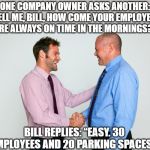 all about the parking space | ONE COMPANY OWNER ASKS ANOTHER: “TELL ME, BILL, HOW COME YOUR EMPLOYEES ARE ALWAYS ON TIME IN THE MORNINGS?”; BILL REPLIES: “EASY. 30 EMPLOYEES AND 20 PARKING SPACES.” | image tagged in two guys shaking hands,parking space,late for work | made w/ Imgflip meme maker
