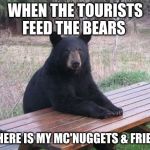 Dont Feed the Bears | WHEN THE TOURISTS FEED THE BEARS; WHERE IS MY MC'NUGGETS & FRIES? | image tagged in dont feed the bears | made w/ Imgflip meme maker