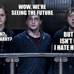 Wait... Really? | WOW, WE'RE SEEING THE FUTURE; BUT THIS ISN'T RIGHT. I HATE HERMIONE; I MARRY RON? 
WHAT ABOUT HARRY? | image tagged in wait really | made w/ Imgflip meme maker