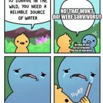 survive in the wild | NO! THAT WON’T DO! WERE SURVIVORS!! WTF MAN, WE CAN JUST GO TO WALMART AND PICK UP SOME WATER. | image tagged in survive in the wild | made w/ Imgflip meme maker