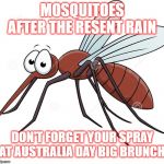 cute mosquito | MOSQUITOES AFTER THE RESENT RAIN; DON'T FORGET YOUR SPRAY AT AUSTRALIA DAY BIG BRUNCH | image tagged in cute mosquito | made w/ Imgflip meme maker