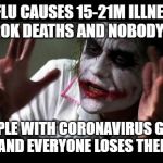 No one BATS an eye | THE FLU CAUSES 15-21M ILLNESSES AND 8-20K DEATHS AND NOBODY PANICS; 3 PEOPLE WITH CORONAVIRUS GET OFF A PLANE AND EVERYONE LOSES THEIR MINDS | image tagged in no one bats an eye | made w/ Imgflip meme maker