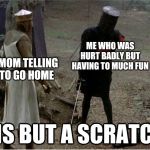 Playground | ME WHO WAS HURT BADLY BUT HAVING TO MUCH FUN; MY MOM TELLING ME TO GO HOME | image tagged in black knight scratch,memes | made w/ Imgflip meme maker