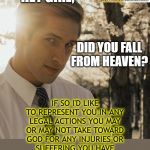 Did You Fall From Heaven? | HEY GIRL, IF SO I'D LIKE TO REPRESENT YOU IN ANY LEGAL ACTIONS YOU MAY OR MAY NOT TAKE TOWARD GOD FOR ANY INJURIES OR SUFFERING YOU HAVE ENDURED FROM THIS UNLAWFUL ACTION; DID YOU FALL FROM HEAVEN? | image tagged in hey girl | made w/ Imgflip meme maker