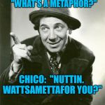 Chico Marx | VOCABULARY TEACHER:  "WHAT'S A METAPHOR?"; CHICO:  "NUTTIN.  WATTSAMETTAFOR YOU?" | image tagged in chico marx | made w/ Imgflip meme maker