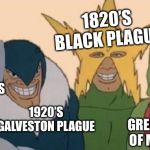 Me and the plagues after all being in the 20’s. Idk y I used a dead meme format | 1820’S BLACK PLAGUE; 2020’S CORONAVIRUS; 1920’S GALVESTON PLAGUE; 1720’S GREAT PLAGUE OF MARSEILLE | image tagged in me and my boys,coronavirus | made w/ Imgflip meme maker