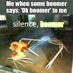 silence | Me when some boomer says: 'Ok boomer' to me; boomer | image tagged in silence | made w/ Imgflip meme maker