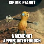 Mr Peanut's death | RIP MR. PEANUT; A MEME NOT APPRECIATED ENOUGH | image tagged in mr peanut's death | made w/ Imgflip meme maker