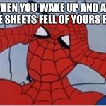 Frustrated Spiderman | WHEN YOU WAKE UP AND ALL THE SHEETS FELL OF YOURS BED | image tagged in frustrated spiderman | made w/ Imgflip meme maker