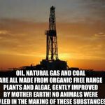 100% Vegan for over 250 million years! | OIL, NATURAL GAS AND COAL ARE ALL MADE FROM ORGANIC FREE RANGE PLANTS AND ALGAE, GENTLY IMPROVED BY MOTHER EARTH! NO ANIMALS WERE KILLED IN THE MAKING OF THESE SUBSTANCES. | image tagged in oil rig | made w/ Imgflip meme maker