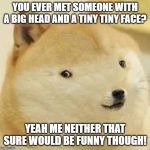 Doge tiny face | YOU EVER MET SOMEONE WITH A BIG HEAD AND A TINY TINY FACE? YEAH ME NEITHER THAT SURE WOULD BE FUNNY THOUGH! | image tagged in doge tiny face | made w/ Imgflip meme maker