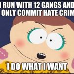 Whateva | I RUN WITH 12 GANGS AND WE ONLY COMMIT HATE CRIMES. I DO WHAT I WANT | image tagged in what eva i do what i want | made w/ Imgflip meme maker