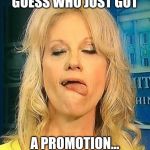 Kellyanne's Purty Mouth | GUESS WHO JUST GOT; A PROMOTION... | image tagged in kellyanne's purty mouth | made w/ Imgflip meme maker