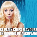 ditzy blonde | ARE PLAIN CHIPS FLAVOURED WITH GROUND UP AEROPLANES? | image tagged in ditzy blonde | made w/ Imgflip meme maker