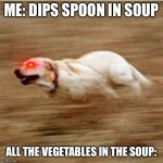 Speedy doggo | ME: DIPS SPOON IN SOUP; ALL THE VEGETABLES IN THE SOUP: | image tagged in speedy doggo | made w/ Imgflip meme maker
