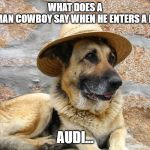 German Shepherd Cowboy | WHAT DOES A GERMAN COWBOY SAY WHEN HE ENTERS A BAR? AUDI... | image tagged in german shepherd cowboy | made w/ Imgflip meme maker