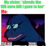 That wasn't very cash money of you | My sister: *shreds the 100 euro bill i gave to her*; Me: | image tagged in that wasn't very cash money of you | made w/ Imgflip meme maker