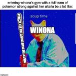 Soup Time Cat | entering winona's gym with a full team of pokemon strong against her altaria be a lot like:; WINONA; HER ENTIRE TEAM EXCEPT FOR HER ALTARIA | image tagged in soup time cat | made w/ Imgflip meme maker