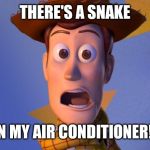 Woody Toy Story | THERE'S A SNAKE; IN MY AIR CONDITIONER!! | image tagged in woody toy story | made w/ Imgflip meme maker