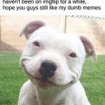 I'm making a comeback, baby | Hey guys, remember me? I haven't been on imgflip for a while, hope you guys still like my dumb memes | image tagged in happy friday puppy,memes,dogs,imgflip | made w/ Imgflip meme maker