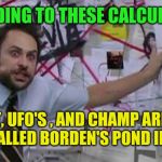 Fort Ann, NY Monster Capital | ACCORDING TO THESE CALCULATIONS; BIGFOOT, UFO'S , AND CHAMP ARE HIDING SOMEWHERE CALLED BORDEN'S POND IN FORT ANN, NY! | image tagged in crazy conspiracy theory map guy,lake champlain,champ,bigfoot,ufo,adirondacks | made w/ Imgflip meme maker