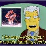 kent brockman | I for one welcome our new crotch flaunting overlords | image tagged in kent brockman,memes,superbowl,halftime,jlo,crotch | made w/ Imgflip meme maker