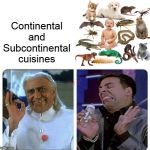 Akshay Kumar cringe face | Continental 
and
Subcontinental cuisines | image tagged in akshay kumar cringe face | made w/ Imgflip meme maker