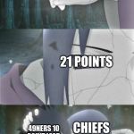 itachi is best | 2ND HALF; 21 POINTS; CHIEFS; 49NERS 10 POINT LEAD; SORRY BUT WE GONNA WIN NOW | image tagged in itachi is best,kansas city chiefs,49ers,football,playoffs,naruto | made w/ Imgflip meme maker