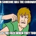 Scooby Doo Shaggy  | WHEN SOMEONE HAS THE CORONAVIRUS; THIS IS THE FACE WHEN THEY TOUCH U | image tagged in scooby doo shaggy | made w/ Imgflip meme maker