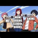 Fairy Tail - Erza | MOM DURING SCHOOL HOURS; ANIME; ME | image tagged in fairy tail - erza | made w/ Imgflip meme maker