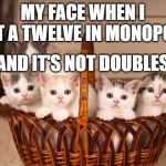 kittens | MY FACE WHEN I GET A TWELVE IN MONOPOLY; AND IT'S NOT DOUBLES | image tagged in kittens | made w/ Imgflip meme maker