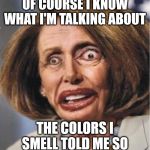 crazy pelosi | OF COURSE I KNOW WHAT I'M TALKING ABOUT; THE COLORS I SMELL TOLD ME SO | image tagged in crazy pelosi | made w/ Imgflip meme maker