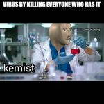 Corona virus kemist | WHEN YOU CURE THE CORONA VIRUS BY KILLING EVERYONE WHO HAS IT | image tagged in kemist | made w/ Imgflip meme maker