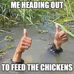 I'm fine | ME HEADING OUT; TO FEED THE CHICKENS | image tagged in i'm fine | made w/ Imgflip meme maker