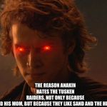 Angry Anakin | THE REASON ANAKIN HATES THE TUSKEN RAIDERS, NOT ONLY BECAUSE THEY KILLED HIS MOM, BUT BECAUSE THEY LIKE SAND AND THE HIGH GROUND | image tagged in angry anakin | made w/ Imgflip meme maker