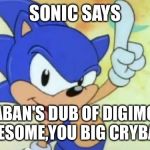 Sonic says | SONIC SAYS; SABAN'S DUB OF DIGIMON IS AWESOME,YOU BIG CRYBABIES! | image tagged in sonic says | made w/ Imgflip meme maker