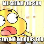 Darwin and the Nuke | ME SEEING THE SUN; AFTER STAYING INDOORS FOR A YEAR | image tagged in darwin and the nuke | made w/ Imgflip meme maker