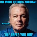 David Icke | THE MORE CHOICES YOU HAVE; DAVID ICKE; THE FREER YOU ARE | image tagged in freedom | made w/ Imgflip meme maker
