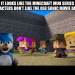 Screaming 2019 Movie Sonic in Minecraft Mini Series | IT LOOKS LIKE THE MINECRAFT MINI SERIES CHARACTERS DON’T LIKE THE OLD SONIC MOVIE DESIGN. | image tagged in screaming 2019 movie sonic in minecraft mini series | made w/ Imgflip meme maker