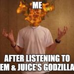 head on fire | ME; AFTER LISTENING TO EM & JUICE'S GODZILLA | image tagged in head on fire | made w/ Imgflip meme maker