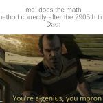 You're a genius, you moron | me: does the math method correctly after the 2906th time
Dad: | image tagged in you're a genius you moron | made w/ Imgflip meme maker