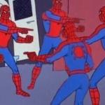 5 Spider-Mans pointing at each others