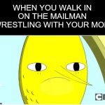 Oh no, not again... | WHEN YOU WALK IN ON THE MAILMAN WRESTLING WITH YOUR MOM | image tagged in adventure time-earl of lemongrab | made w/ Imgflip meme maker