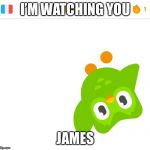 Duolingo bird is watching | I’M WATCHING YOU; JAMES | image tagged in duolingo bird is watching | made w/ Imgflip meme maker