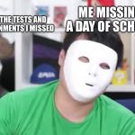 School | ALL THE TESTS AND ASSIGNMENTS I MISSED; ME MISSING A DAY OF SCHOOL | image tagged in hobo/ danny devito,homework,danny devito | made w/ Imgflip meme maker