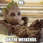 Baby Groot | ME:; ON THE WEEKENDS | image tagged in baby groot | made w/ Imgflip meme maker